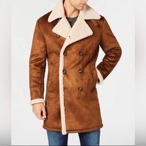 Mens Guess Brown Faux Suede Shearling Double Breasted Mid-Length Coat S